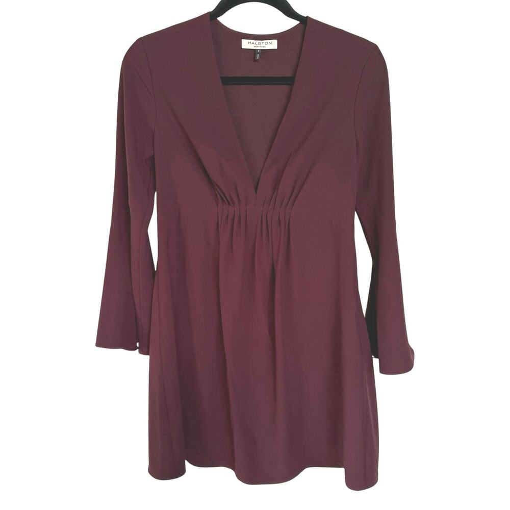 Halston Heritage Wine Red Dress Flare Sleeve V-Neck Babydoll Mini Size 2